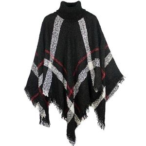 Elegant Black, Red, and White Plaid Turtleneck Poncho